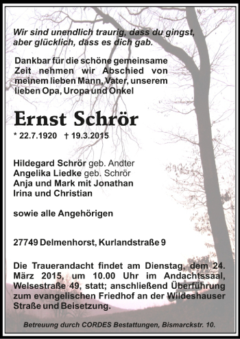 Todesanzeige von Ernst Schrör von Trauer.de