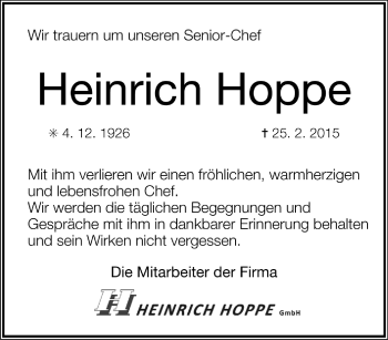 Todesanzeige von Heinrich Hoppe von Trauer.de