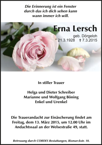 Todesanzeige von Erna Lersch von Trauer.de
