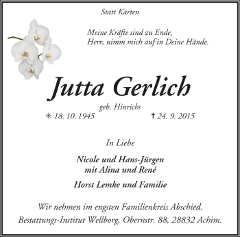 Todesanzeige von Jutta Gerlich von Trauer.de