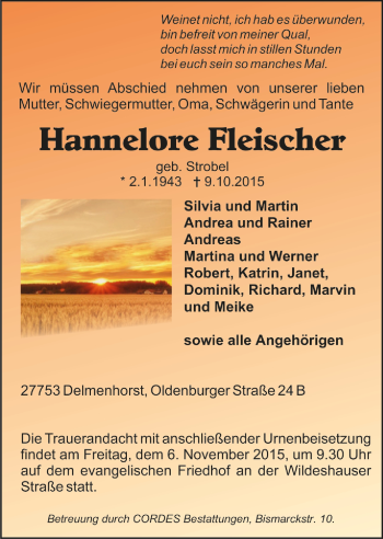 Todesanzeige von Hannelore Fleischer von Trauer.de