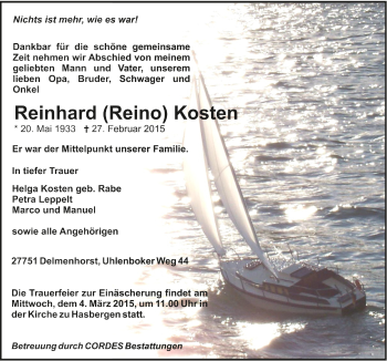 Todesanzeige von Reinhard Kosten von Trauer.de