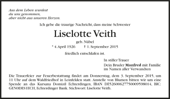 Todesanzeige von Liselotte Veith von Trauer.de