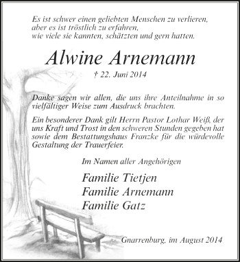 Todesanzeige von Alwine Arnemann von Trauer.de