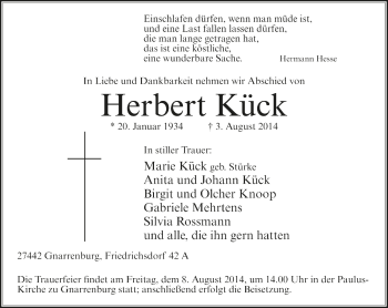 Todesanzeige von Herbert Kück von Trauer.de