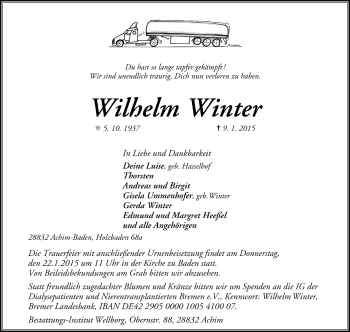 Todesanzeige von Wilhelm Winter von Trauer.de