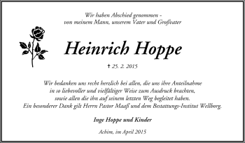 Todesanzeige von Heinrich Hoppe von Trauer.de