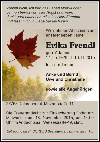 Todesanzeige von Erika Freudl von Trauer.de