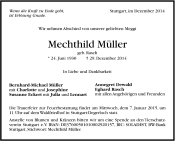 Todesanzeige von Mechthild Müller von Trauer.de