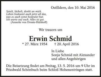 Todesanzeige von Erwin Schmid von Trauer.de