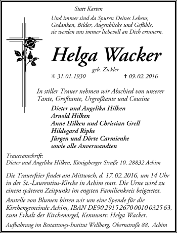 Todesanzeige von Helga Wacker von Trauer.de