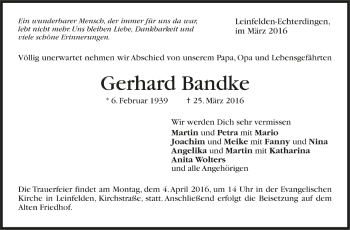 Todesanzeige von Gerhard Bandke von Trauer.de