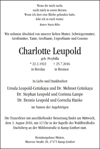 Todesanzeige von Charlotte Leupold von Trauer.de 