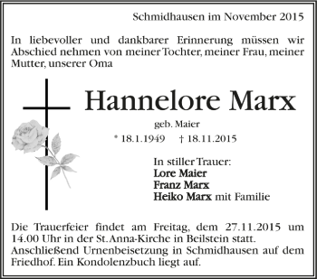Todesanzeige von Hannelore Marx von Trauer.de