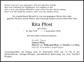 Todesanzeige von Rita Pfost von Trauer.de