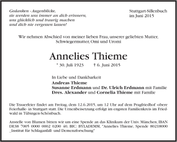 Todesanzeige von Annelies Thieme von Trauer.de