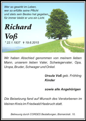 Todesanzeige von Richard Voß von Trauer.de