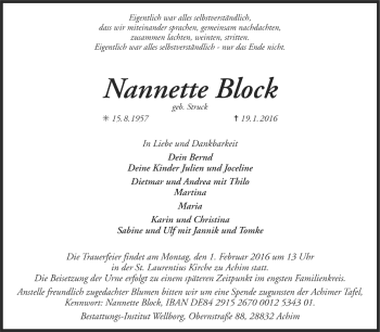 Todesanzeige von Nannette Block von Trauer.de