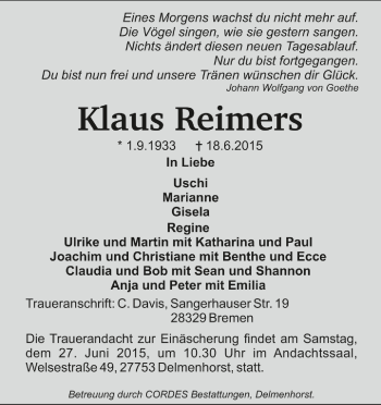 Todesanzeige von Klaus Reimers von Trauer.de
