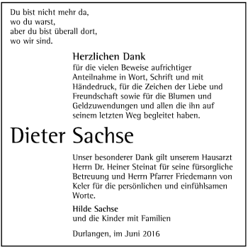 Todesanzeige von Dieter Sachse von Trauer.de