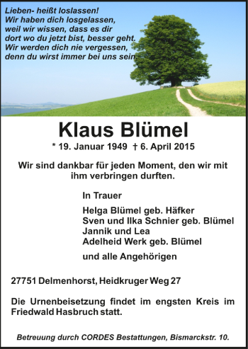 Todesanzeige von Klaus Blümel von Trauer.de