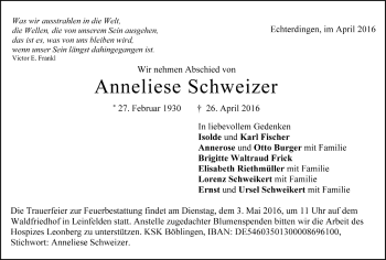 Todesanzeige von Anneliese Schweizer von Trauer.de