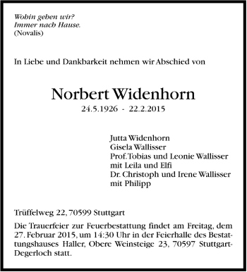 Todesanzeige von Norbert Widenhorn von Trauer.de
