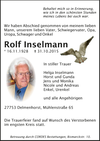 Todesanzeige von Rolf Inselmann von Trauer.de