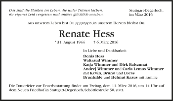 Todesanzeige von Renate Hess von Trauer.de