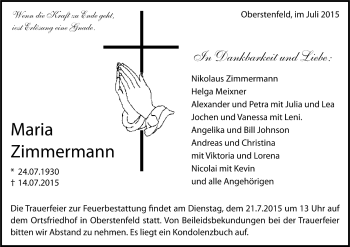 Todesanzeige von Maria Zimmermann von Trauer.de