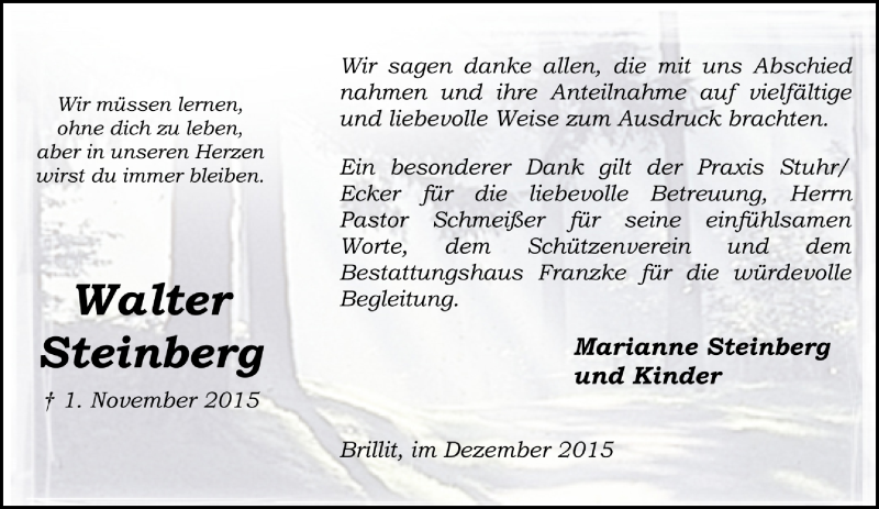  Traueranzeige für Walter Steinberg vom 18.12.2015 aus Trauer.de