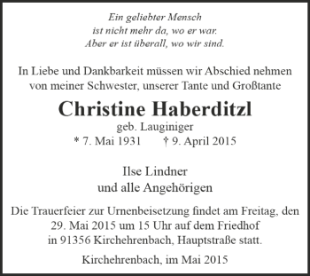 Todesanzeige von Christine Haberditzl von Trauer.de