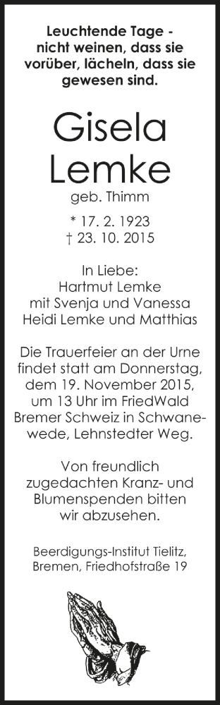  Traueranzeige für Gisela Lemke vom 17.11.2015 aus Trauer.de