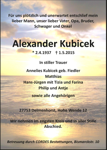 Todesanzeige von Alexander Kubicek von Trauer.de