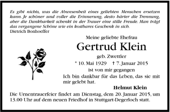 Todesanzeige von Gertrud Klein von Trauer.de