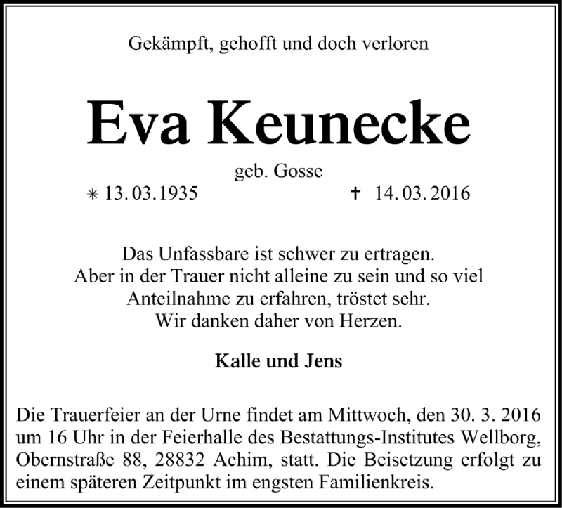  Traueranzeige für Eva Keunecke vom 24.03.2016 aus Trauer.de