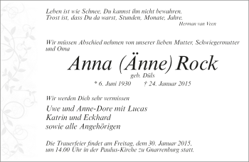 Todesanzeige von Anna Rock von Trauer.de