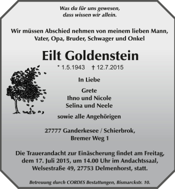 Todesanzeige von Eilt Goldenstein von Trauer.de