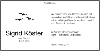 Todesanzeige von Sigrid Köster von Trauer.de