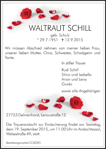 Todesanzeige von Waltraut Schill von Trauer.de