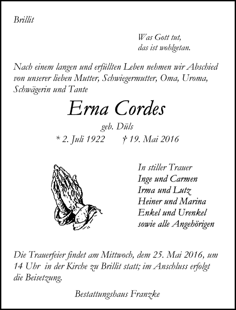  Traueranzeige für Erna Cordes vom 21.05.2016 aus Trauer.de