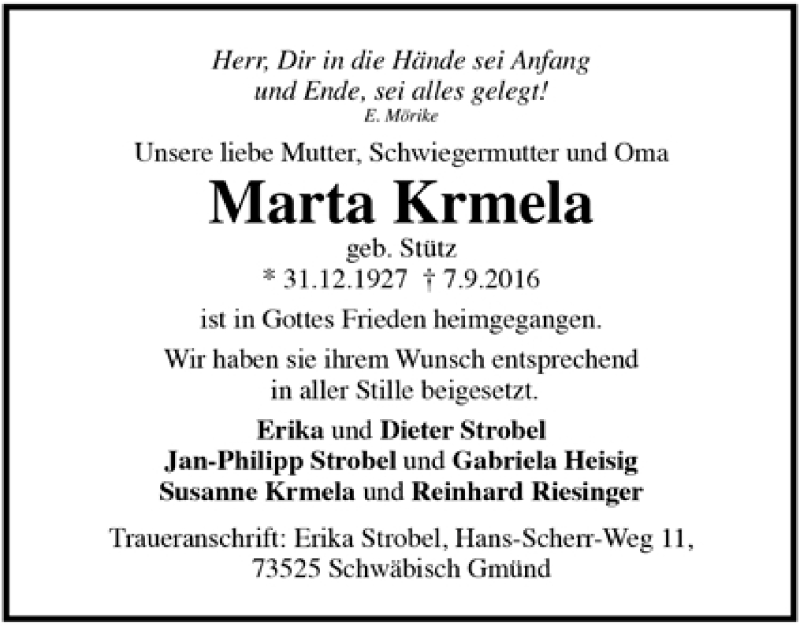  Traueranzeige für Marta Krmela vom 16.09.2016 aus Trauer.de