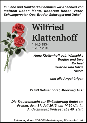 Todesanzeige von Wilfried Klattenhoff von Trauer.de