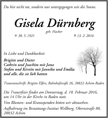 Todesanzeige von Gisela Dürnberg von Trauer.de