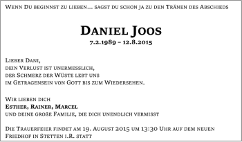 Todesanzeige von Daniel Joos von Trauer.de