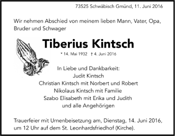 Todesanzeige von Tiberius Kintsch von Trauer.de