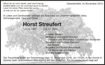 Todesanzeige von Horst Streufert von Trauer.de