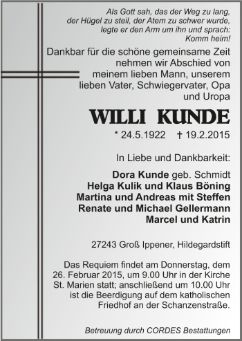 Todesanzeige von Willi Kunde von Trauer.de