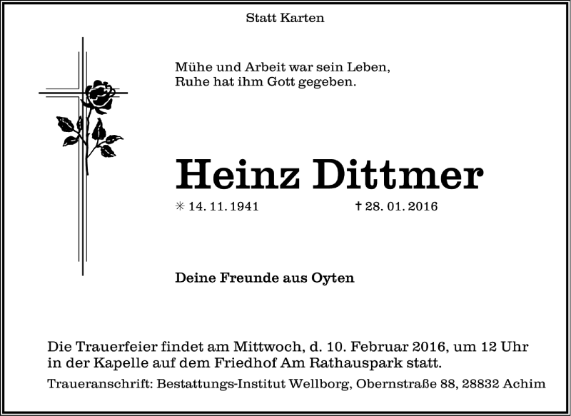  Traueranzeige für Heinz Dittmer vom 04.02.2016 aus Trauer.de