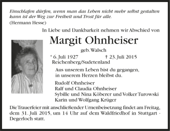 Todesanzeige von Margit Ohnheiser von Trauer.de